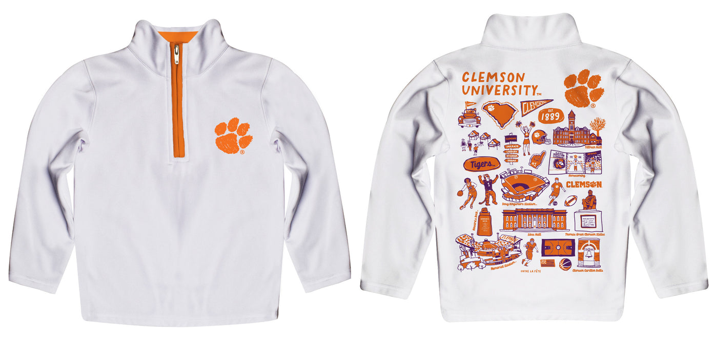 Clemson Tigers Hand Sketched Vive La Fete Impressions Artwork  White Boys Quarter Zip Pullover V1