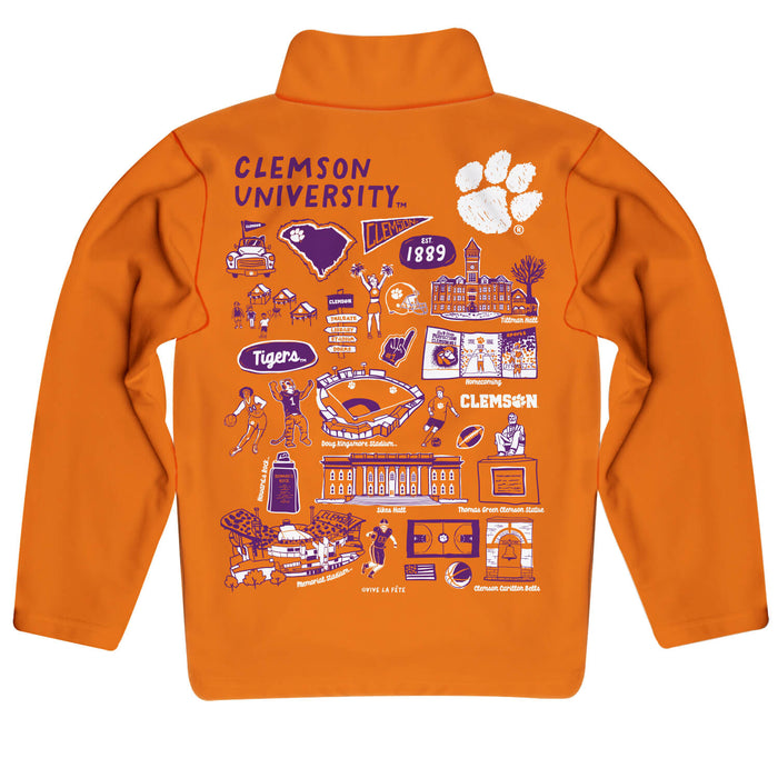 Clemson Tigers Hand Sketched Vive La Fete Impressions Artwork Orange Boys Quarter Zip Pullover V1