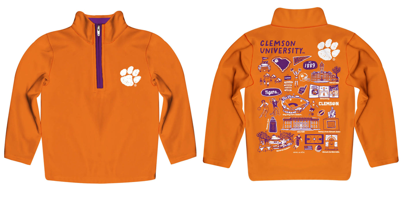 Clemson Tigers Hand Sketched Vive La Fete Impressions Artwork Orange Boys Quarter Zip Pullover V1