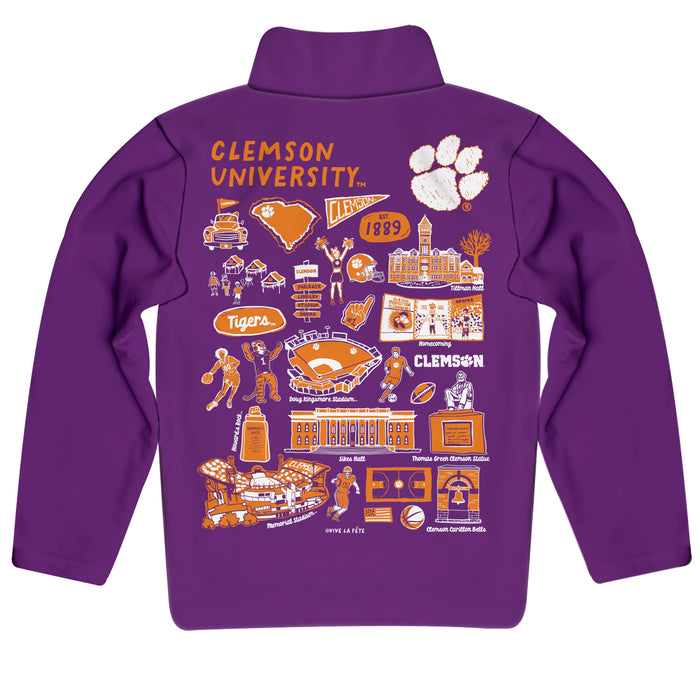 Clemson Tigers Hand Sketched Vive La Fete Impressions Artwork  Purple Boys Quarter Zip Pullover V1