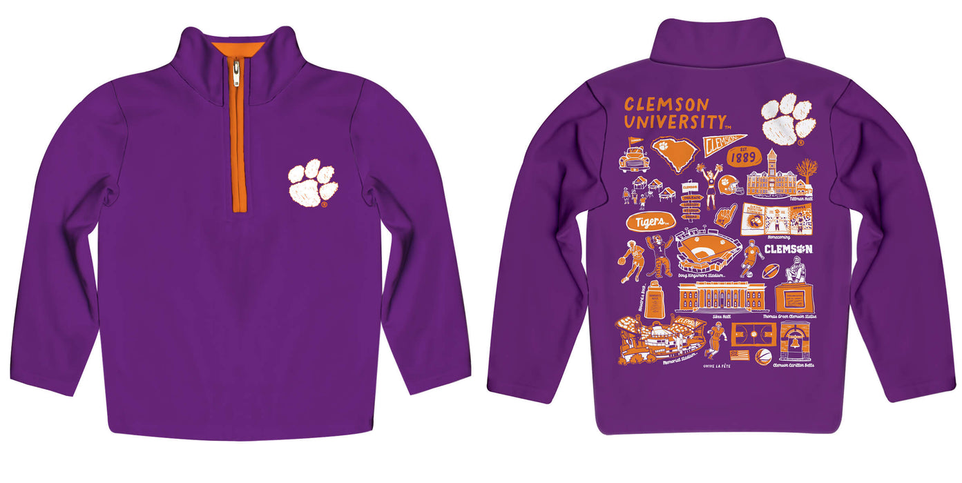 Clemson Tigers Hand Sketched Vive La Fete Impressions Artwork  Purple Boys Quarter Zip Pullover V1