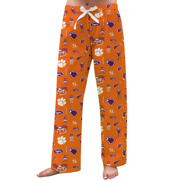 Clemson Tigers Repeat Print Hand Sketched Vive La Fete Impressions Artwork Womens  Orange  Lounge Pants