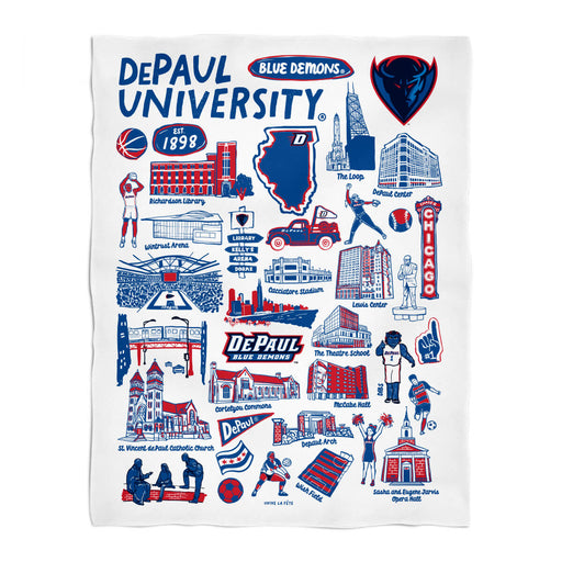 Depaul Blue Demons White Hand Sketched Vive La Fete Impressions Artwork Plush Soft Minky Blanket 36 x 48