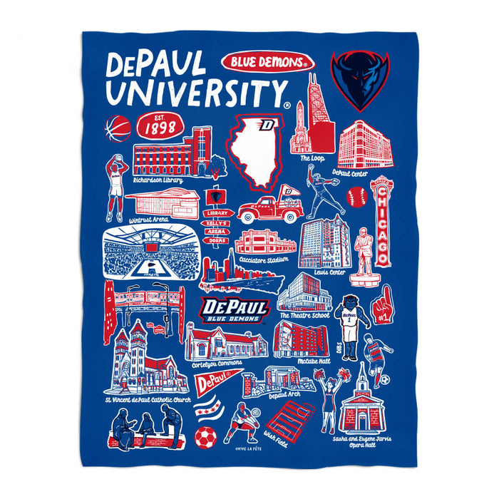 Depaul Blue Demons Blue Hand Sketched Vive La Fete Impressions Artwork Plush Soft Minky Blanket 36 x 48