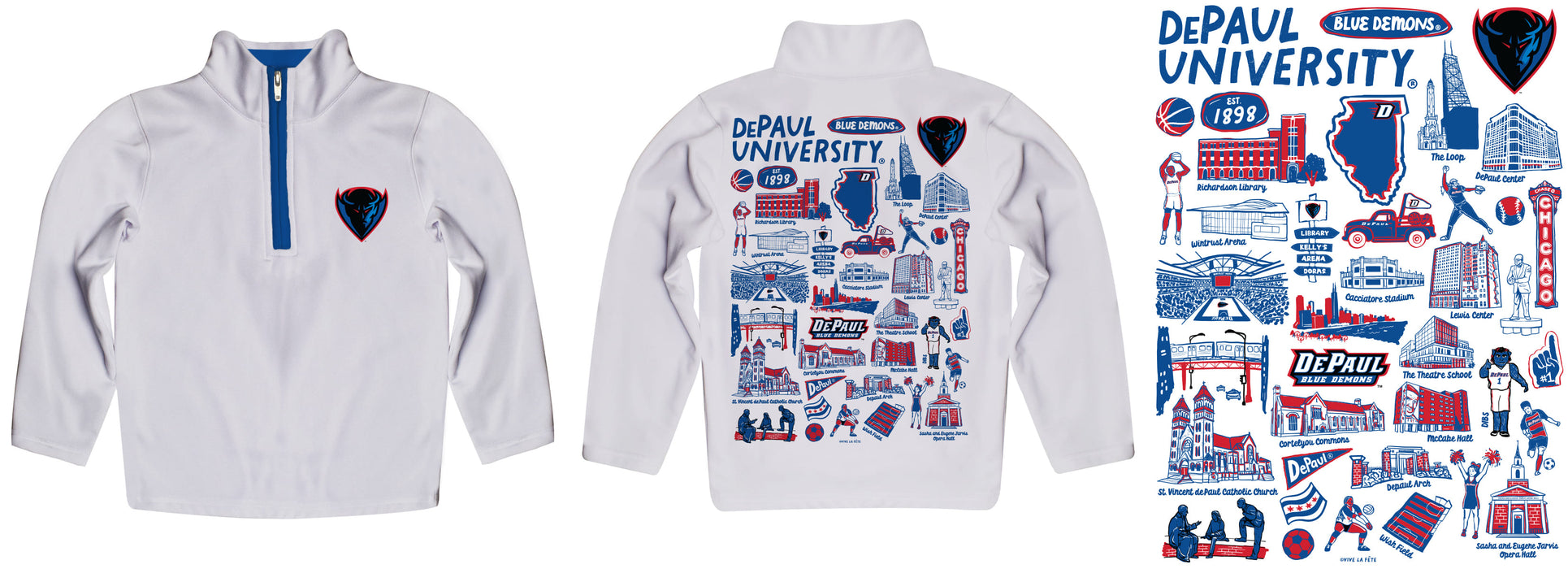 Depaul Blue Demons Hand Sketched Vive La Fete Impressions Artwork White Boys Quarter Zip Pullover V1