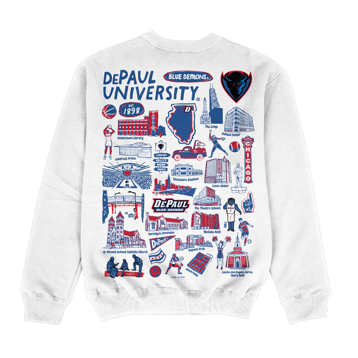 Depaul Blue Demons Hand Sketched Impressions Artwork White Crewneck Sweatshirt for Women