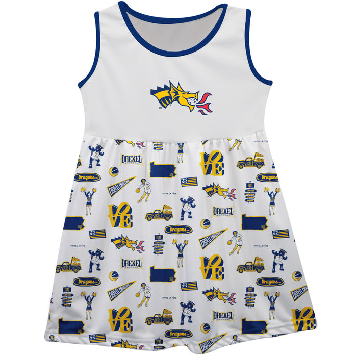 Drexel University Dragons Sleeveless Tank Dress Girls White Repeat Print Hand Sketched Vive La Fete Impressions