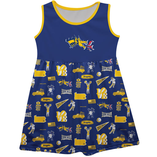 Drexel University Dragons Sleeveless Tank Dress Girls Blue Repeat Print Hand Sketched Vive La Fete Impressions