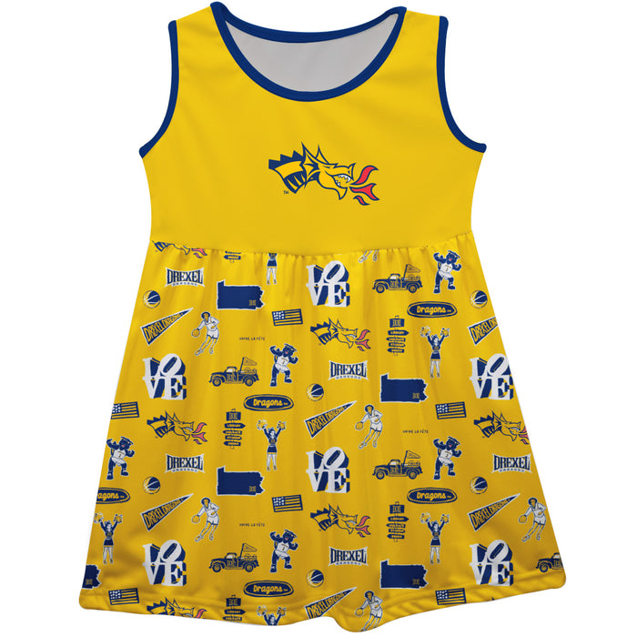 Drexel University Dragons Sleeveless Tank Dress Girls Gold Repeat Print Hand Sketched Vive La Fete Impressions