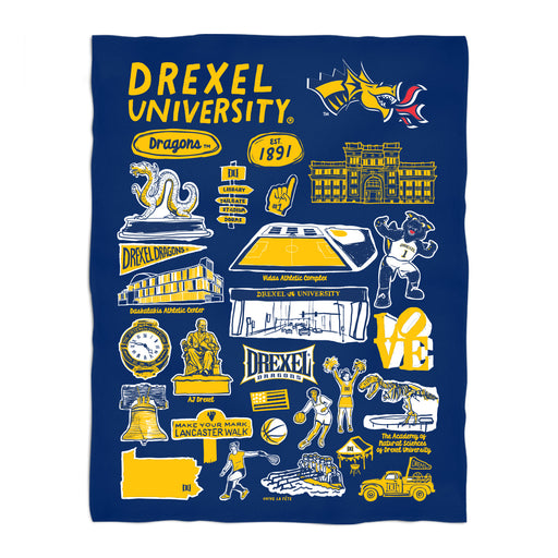 Drexel University Dragons Blue Hand Sketched Vive La Fete Impressions Artwork Plush Soft Minky Blanket 36 x 48