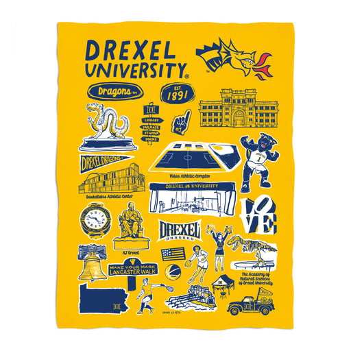 Drexel University Dragons Gold Hand Sketched Vive La Fete Impressions Artwork Plush Soft Minky Blanket 36 x 48