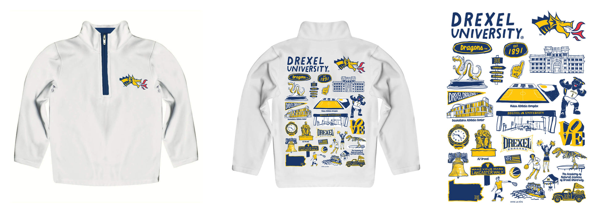 Drexel University Dragons Hand Sketched Vive La Fete Impressions Artwork White Boys Quarter Zip Pullover V1