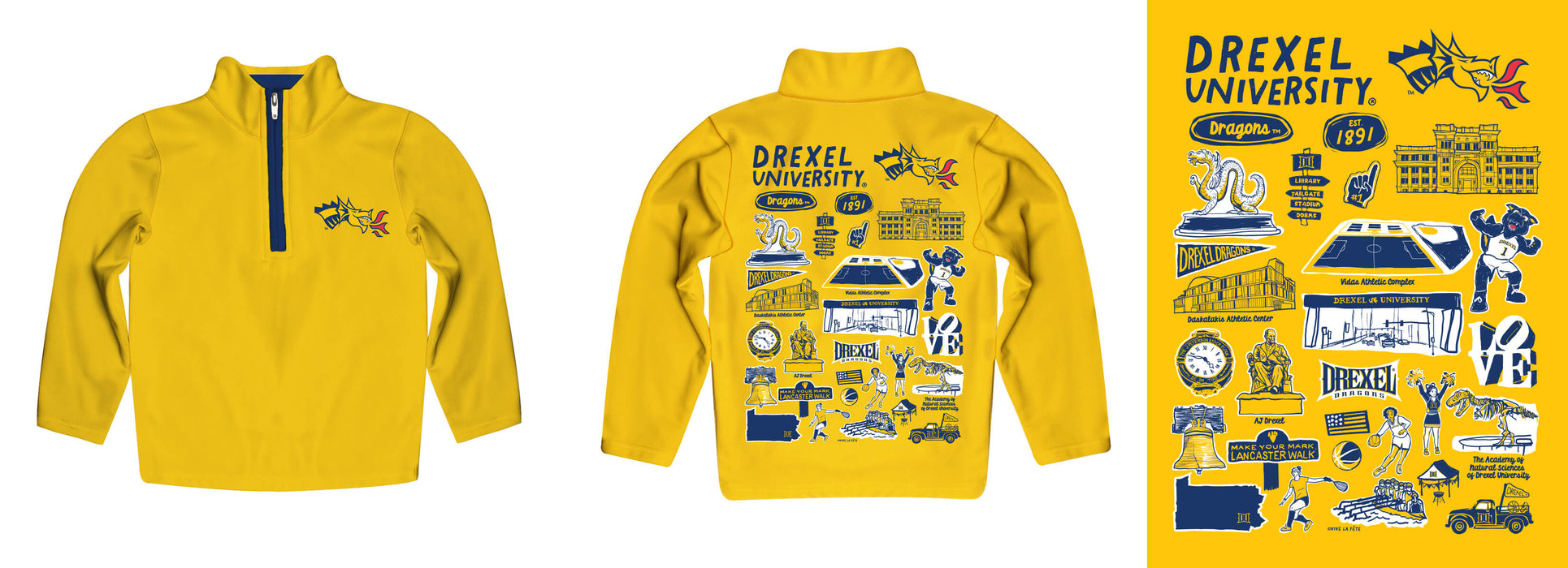 Drexel University Dragons Hand Sketched Vive La Fete Impressions Artwork Gold Boys Quarter Zip Pullover V1