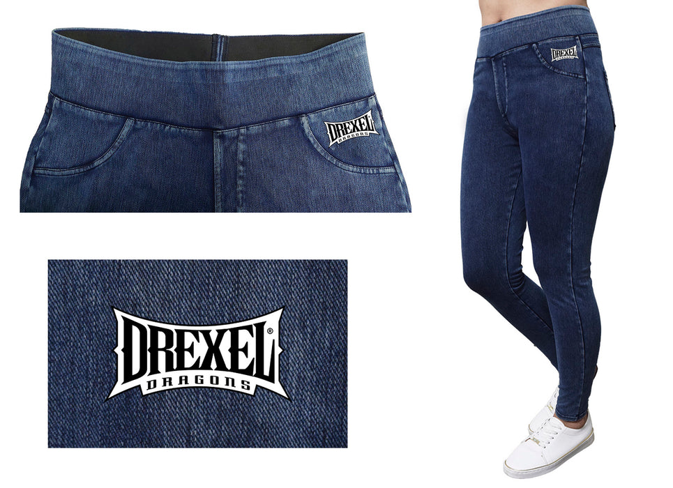 Drexel University Dragons Vive La Fete Game Day Collegiate Logo on Fake Pocket Women Blue Jeggings