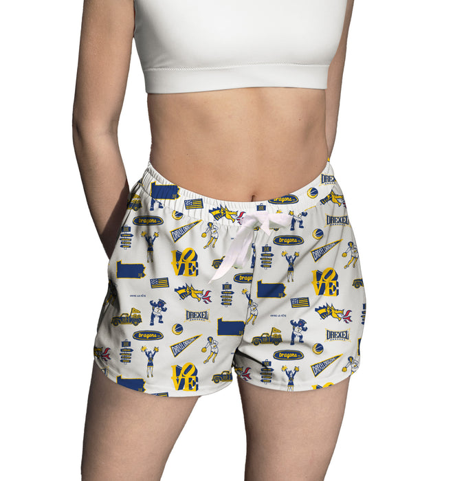 Drexel University Dragons Repeat Print Hand Sketched Vive La Fete Impressions Artwork Womens White Lounge Shorts