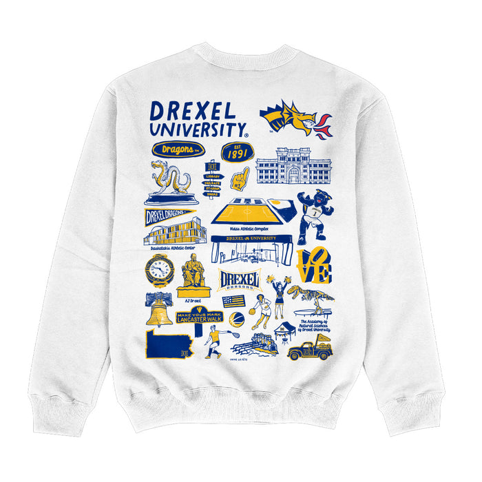 Drexel University Dragons Hand Sketched Impressions Artwork White Crewneck Sweatshirt for Women