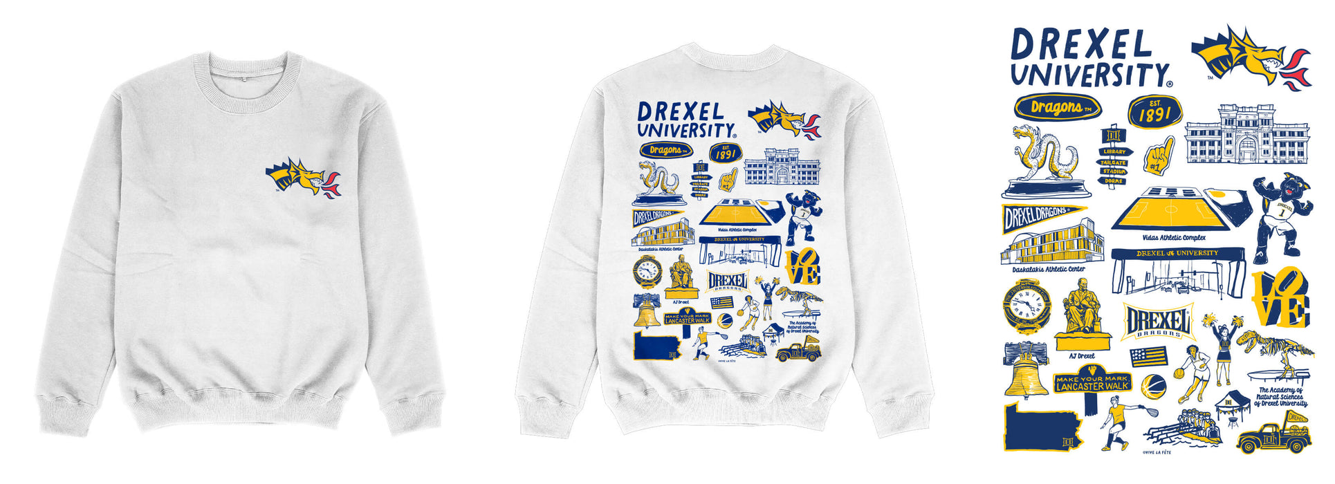 Drexel University Dragons Hand Sketched Impressions Artwork White Crewneck Sweatshirt for Women