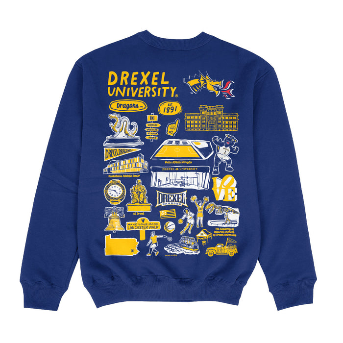 Drexel University Dragons Hand Sketched Impressions Artwork Blue Crewneck Sweatshirt for Women