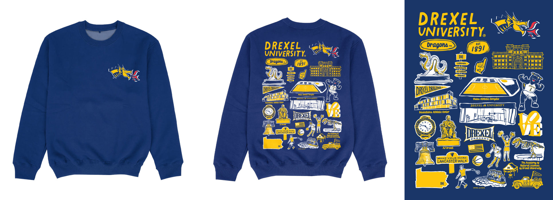 Drexel University Dragons Hand Sketched Impressions Artwork Blue Crewneck Sweatshirt for Women