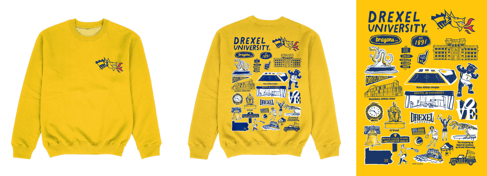 Drexel University Dragons Hand Sketched Impressions Artwork Gold Crewneck Sweatshirt for Women