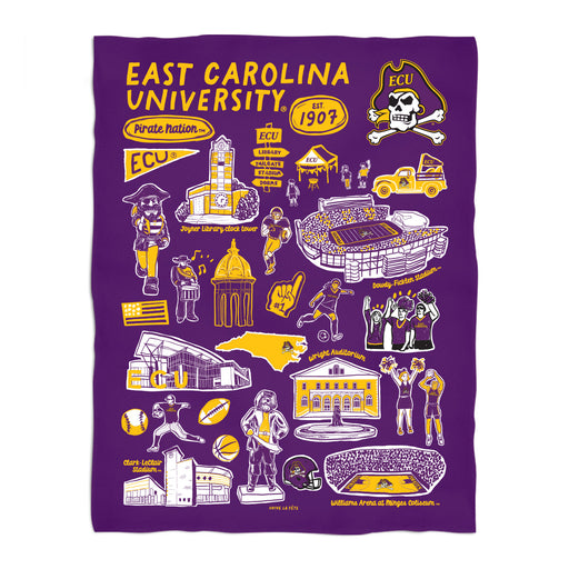 East Carolina Pirates Purple Hand Sketched Vive La Fete Impressions Artwork Plush Soft Minky Blanket 36 x 48