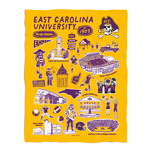 East Carolina Pirates Gold Hand Sketched Vive La Fete Impressions Artwork Plush Soft Minky Blanket 36 x 48