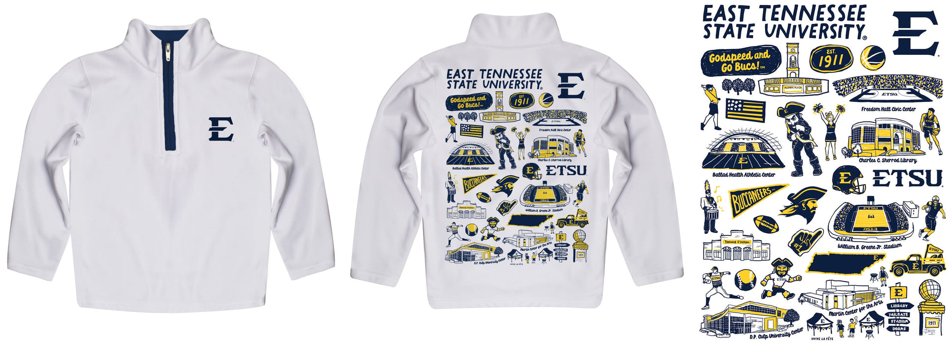 East Tennessee Buccaneers Hand Sketched Vive La Fete Impressions Artwork White Boys Quarter Zip Pullover V1