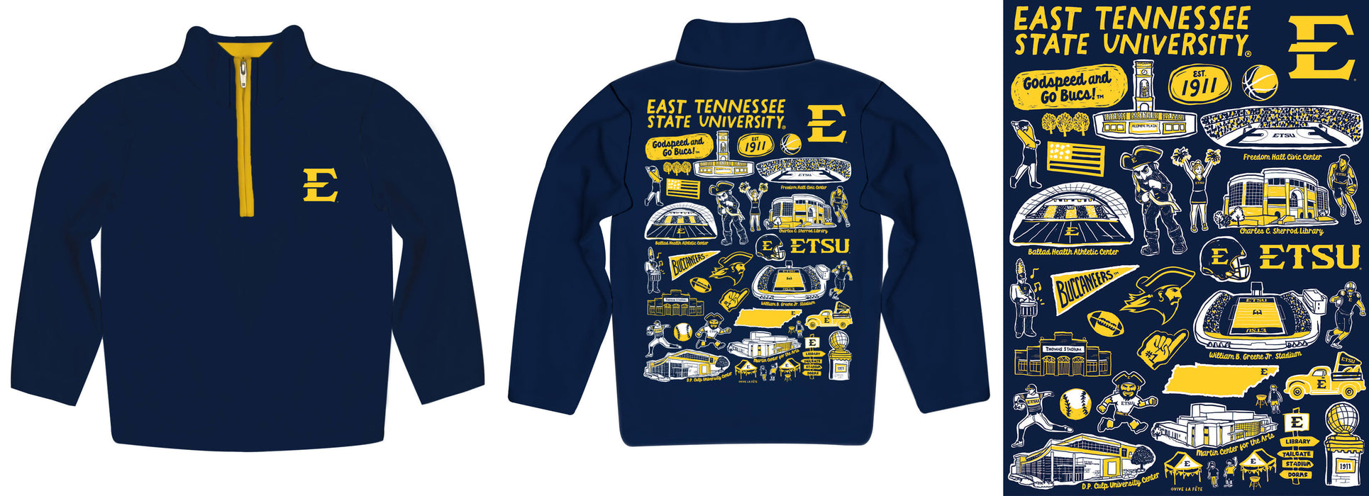 East Tennessee Buccaneers Hand Sketched Vive La Fete Impressions Artwork Navy Boys Quarter Zip Pullover V1