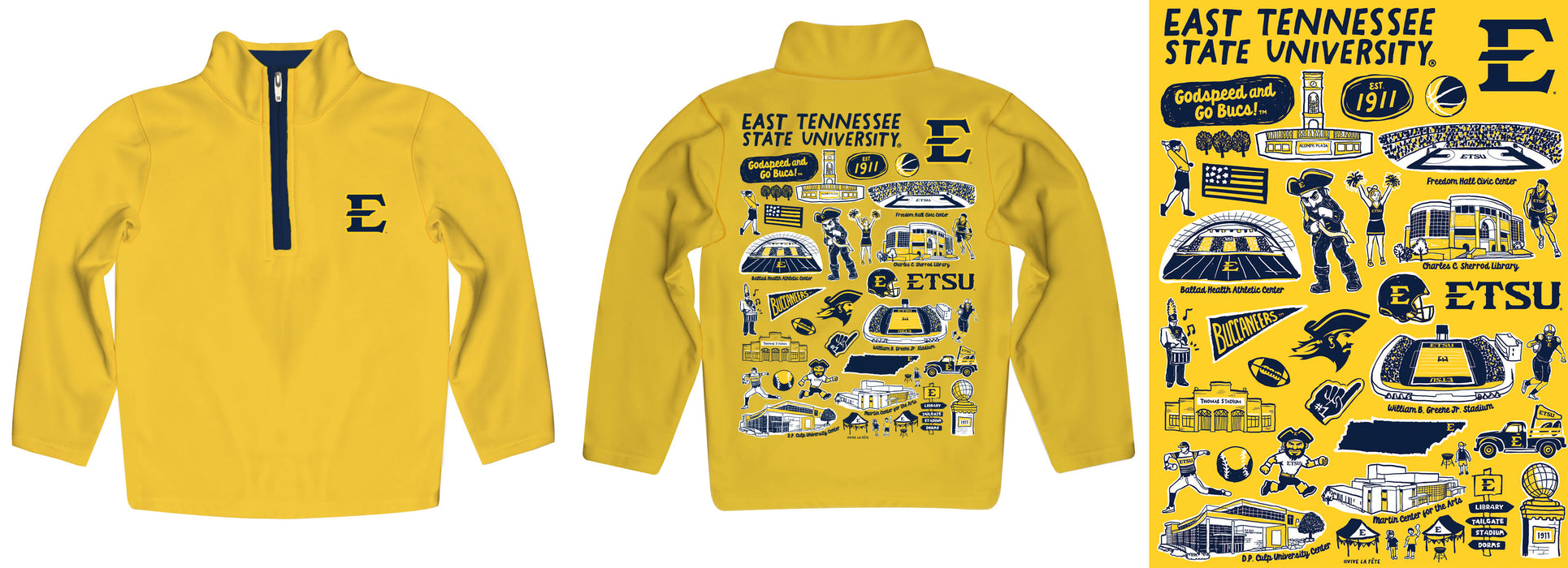 East Tennessee Buccaneers Hand Sketched Vive La Fete Impressions Artwork Gold Boys Quarter Zip Pullover V1