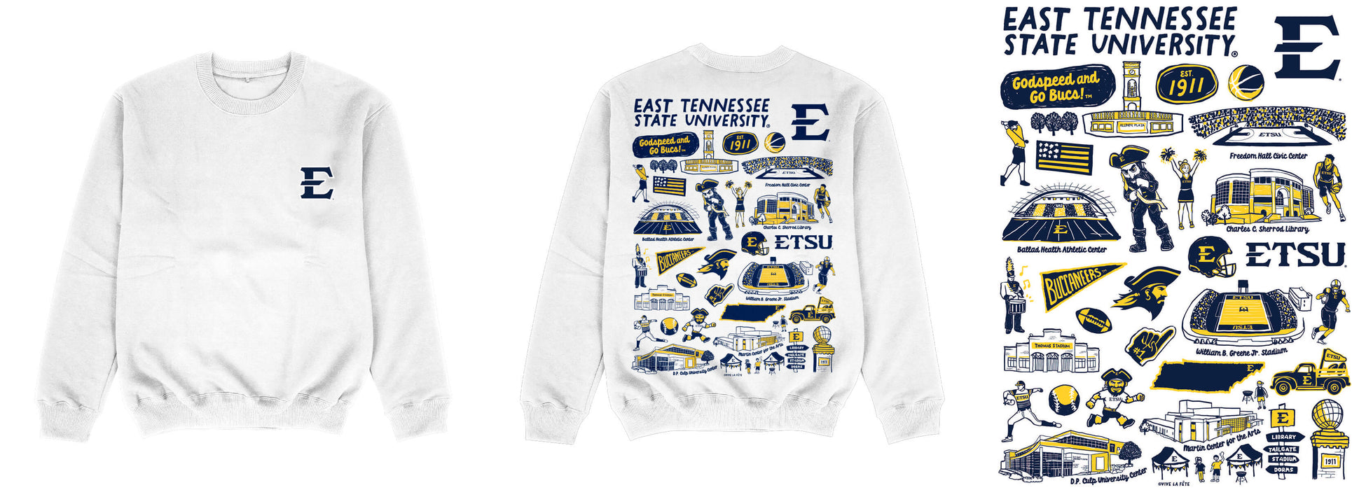 East Tennessee Buccaneers Hand Sketched Impressions Artwork White Crewneck Sweatshirt for Women