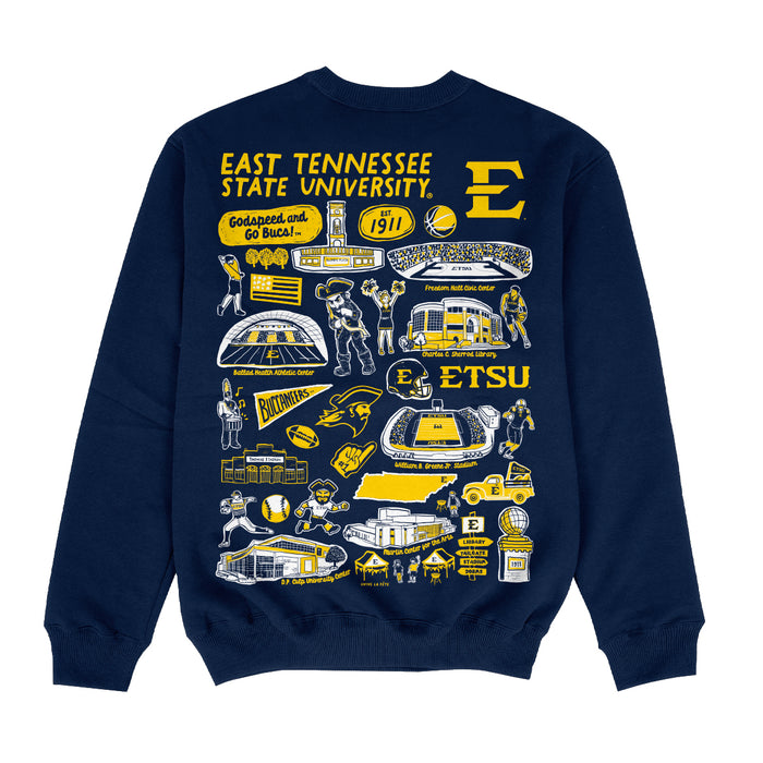 East Tennessee Buccaneers Hand Sketched Impressions Artwork Navy Crewneck Sweatshirt for Women