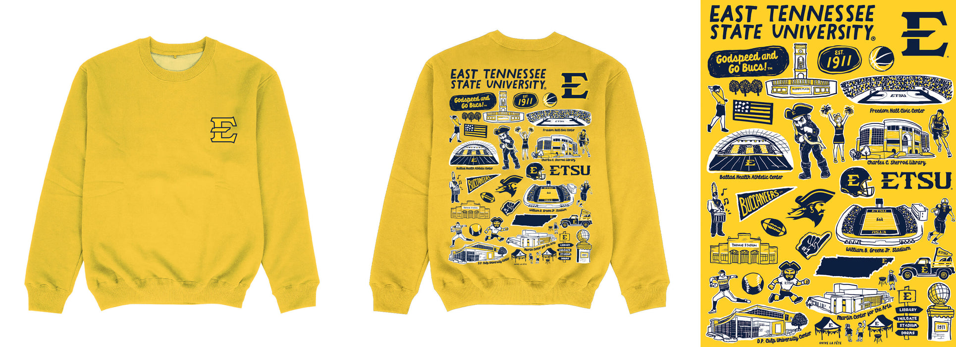 East Tennessee Buccaneers Hand Sketched Impressions Artwork Gold Crewneck Sweatshirt for Women