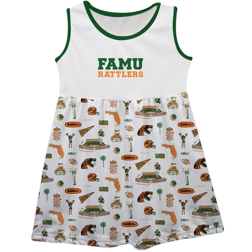 Florida A&M University Rattlers Sleeveless Tank Dress Girls White Repeat Print Hand Sketched Vive La Fete Impressions