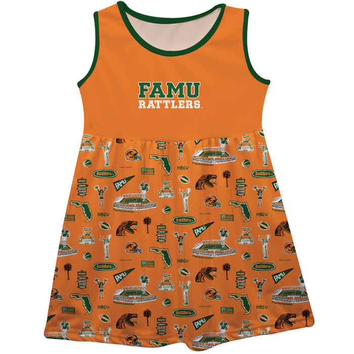 Florida A&M University Rattlers Sleeveless Tank Dress Girls Orange Repeat Print Hand Sketched Vive La Fete Impressions