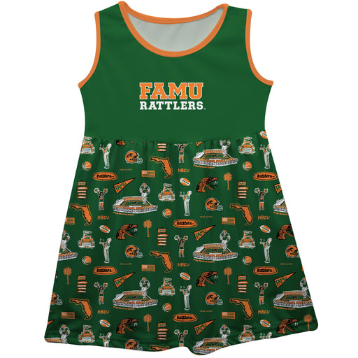 Florida A&M University Rattlers Sleeveless Tank Dress Girls Green Repeat Print Hand Sketched Vive La Fete Impressions