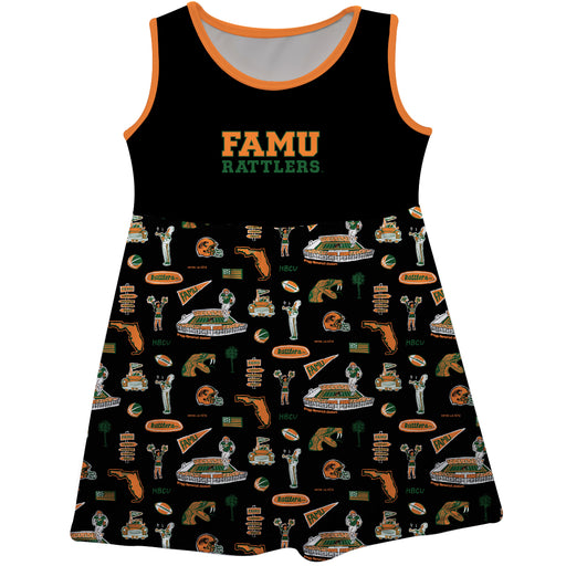 Florida A&M University Rattlers Sleeveless Tank Dress Girls Blacj Repeat Print Hand Sketched Vive La Fete Impressions