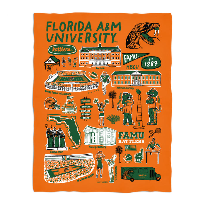 Florida A&M University Rattlers Orange Hand Sketched Vive La Fete Impressions Artwork Plush Soft Minky Blanket 36 x 48