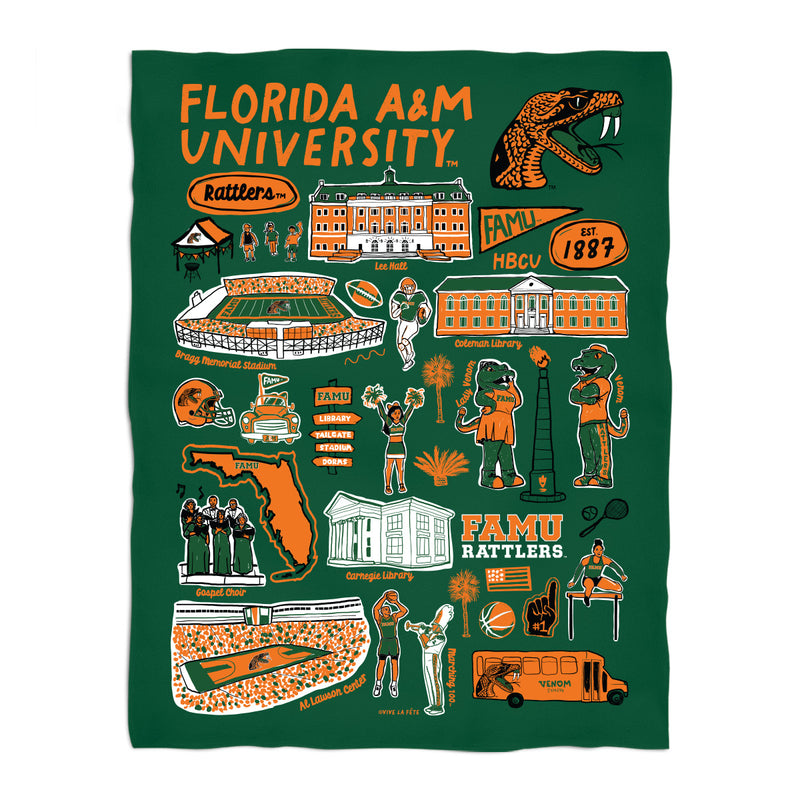 Florida A&M University Rattlers Green Hand Sketched Vive La Fete Impressions Artwork Plush Soft Minky Blanket 36 x 48