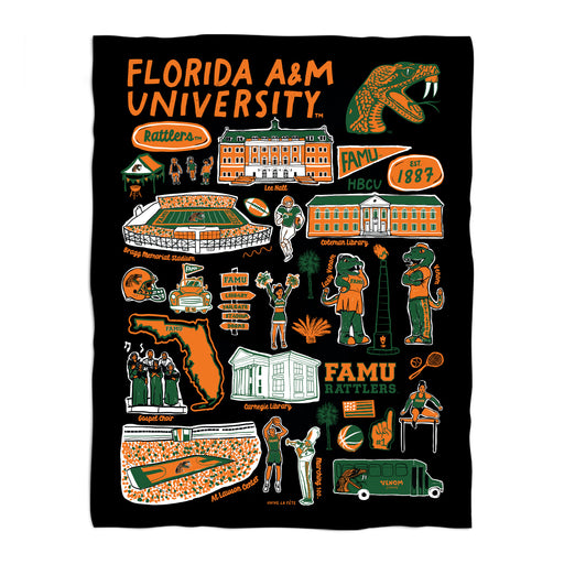 Florida A&M University Rattlers Black Hand Sketched Vive La Fete Impressions Artwork Plush Soft Minky Blanket 36 x 48