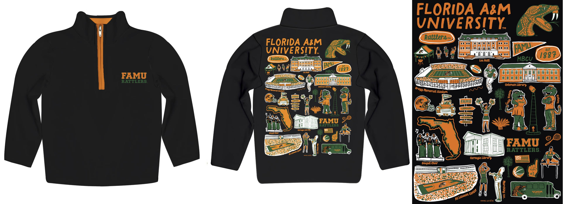 Florida A&M University Rattlers Hand Sketched Vive La Fete Impressions Artwork Black Boys Quarter Zip Pullover V1