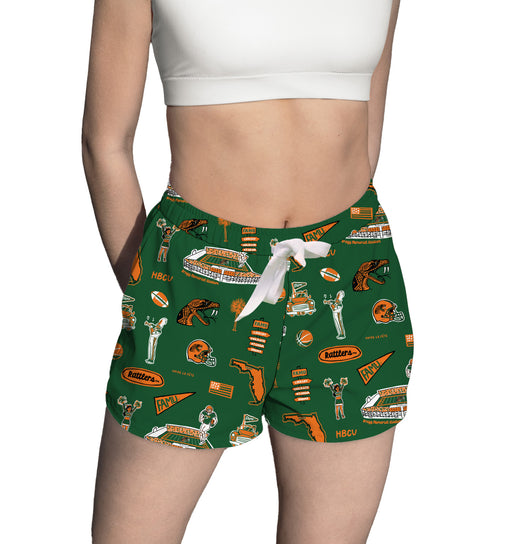 Florida A&M University Rattlers Repeat Print Hand Sketched Vive La Fete Impressions Artwork Womens Green Lounge Shorts