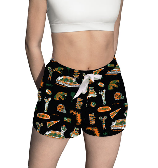 Florida A&M University Rattlers Repeat Print Hand Sketched Vive La Fete Impressions Artwork Womens Black Lounge Shorts