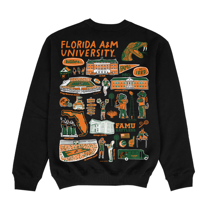 Florida A&M University Rattlers Hand Sketched Impressions Artwork Black Crewneck Sweatshirt for Women