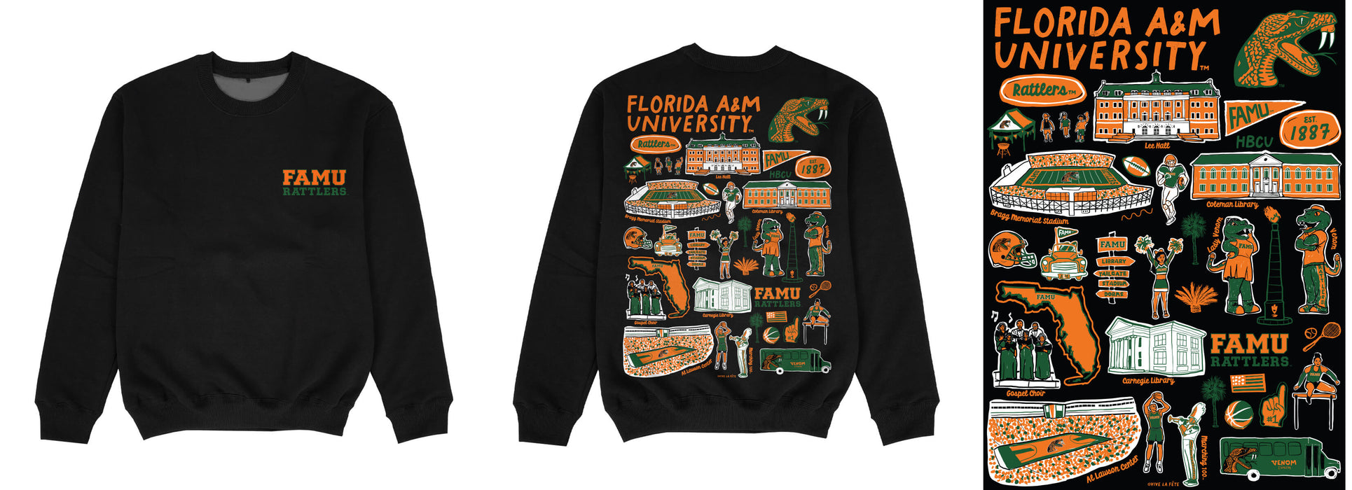 Florida A&M University Rattlers Hand Sketched Impressions Artwork Black Crewneck Sweatshirt for Women