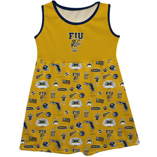 FIU Panthers  Sleeveless Tank Dress Girls Gold Repeat Print Hand Sketched Vive La Fete Impressions