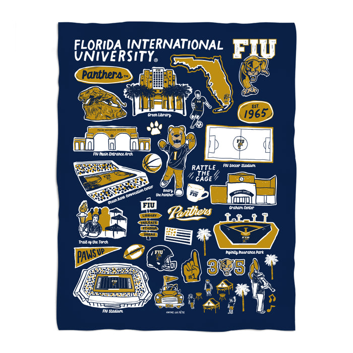 FIU Panthers Blue Hand Sketched Vive La Fete Impressions Artwork Plush Soft Minky Blanket 36 x 48