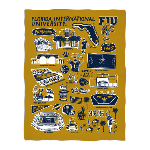 FIU Panthers Gold Hand Sketched Vive La Fete Impressions Artwork Plush Soft Minky Blanket 36 x 48