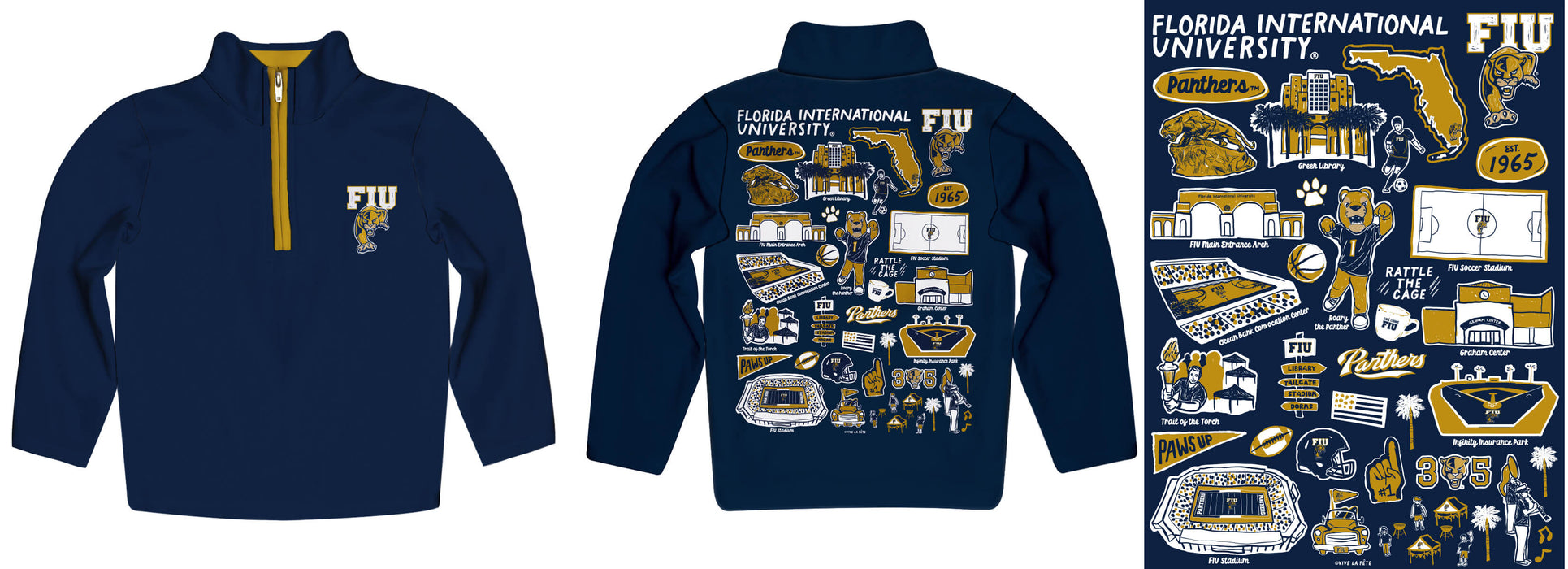 FIU Panthers  Hand Sketched Vive La Fete Impressions Artwork  Blue Boys Quarter Zip Pullover V1