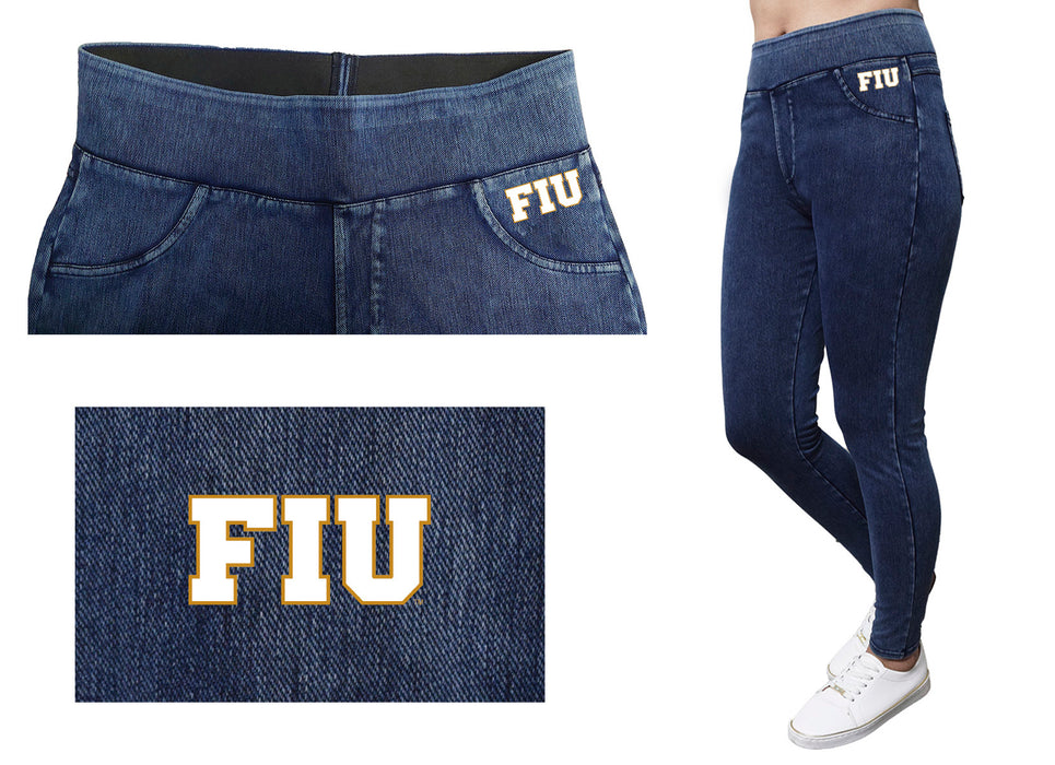 FIU Panthers  Vive La Fete Game Day Collegiate Logo on Fake Pocket Women Blue Jeggings