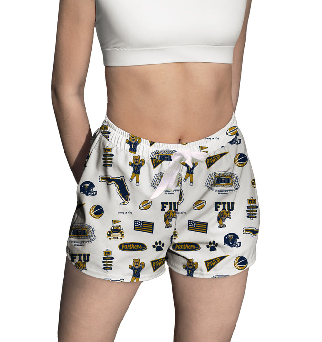 FIU Panthers  Repeat Print Hand Sketched Vive La Fete Impressions Artwork Womens White Lounge Shorts